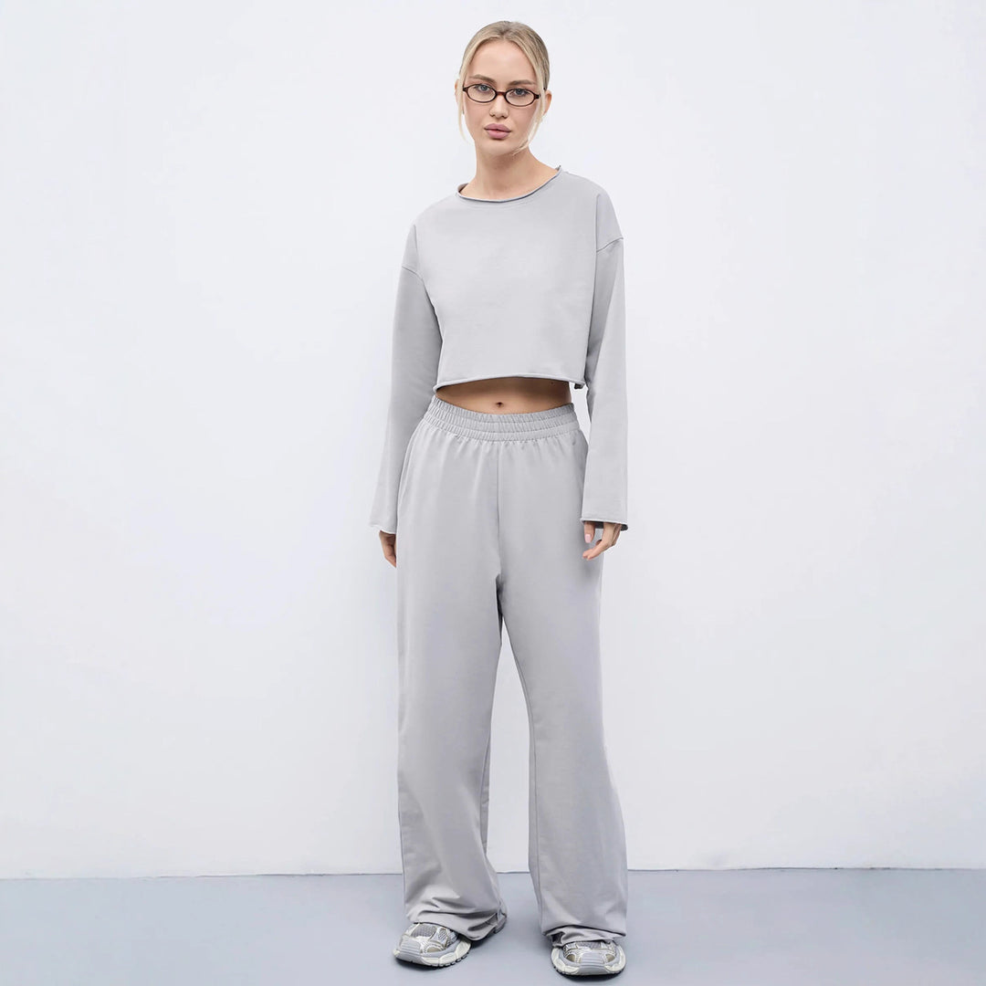 Damen Kurzgeschnittenes Sweatshirt und High-Waist Relax-Jogginghose Set EB