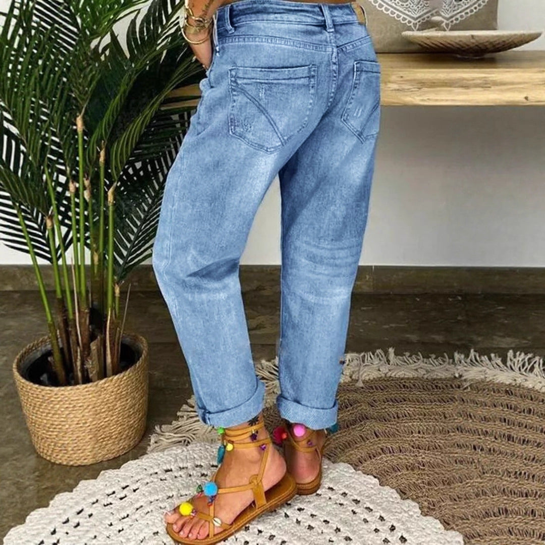 Damen Denim-Bundfaltenhose mit Knopfleiste und modischem Destroyed-Effekt EB