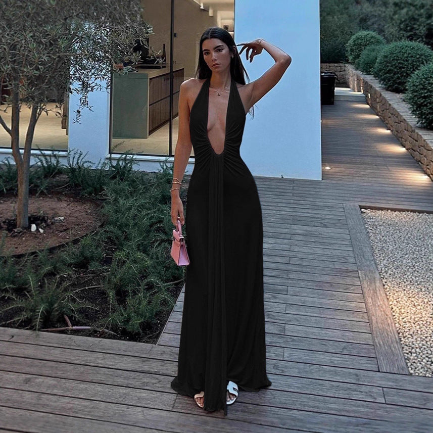 Damen Maxikleid mit tiefem V-Ausschnitt und raffiniertem Drapierungsdesign EB