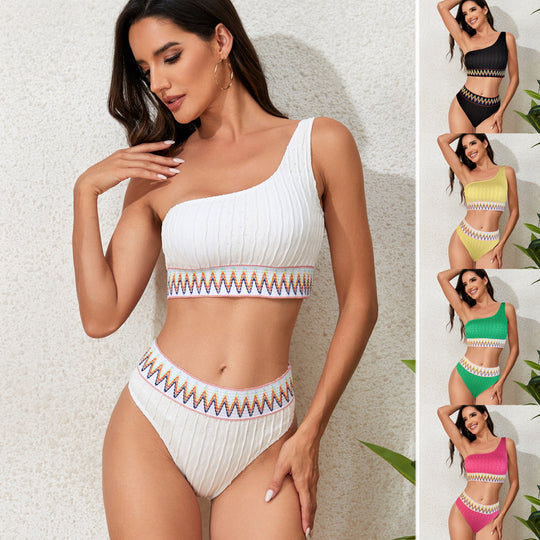 Damen Einseitiger Crop-Bikini mit buntem Jacquardband EB