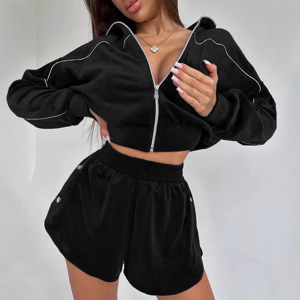 Damen sportliches Fleece-Crop-Set mit Reißverschluss und Druckknöpfen EB