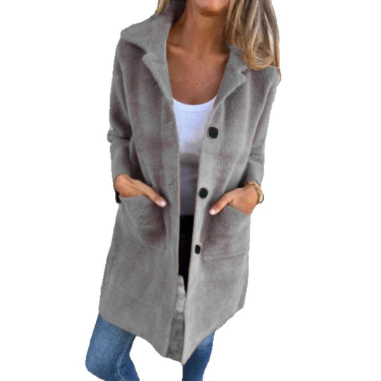 Damen Teddy-Mantel mit Oversize-Kragen, dekorativen Knöpfen und Eingrifftaschen EB