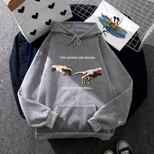 Damen nan Oversize Kapuzenpullover mit Kängurutasche und Renaissance‑Handmotiv, weiches Fleece Innenfutter EB