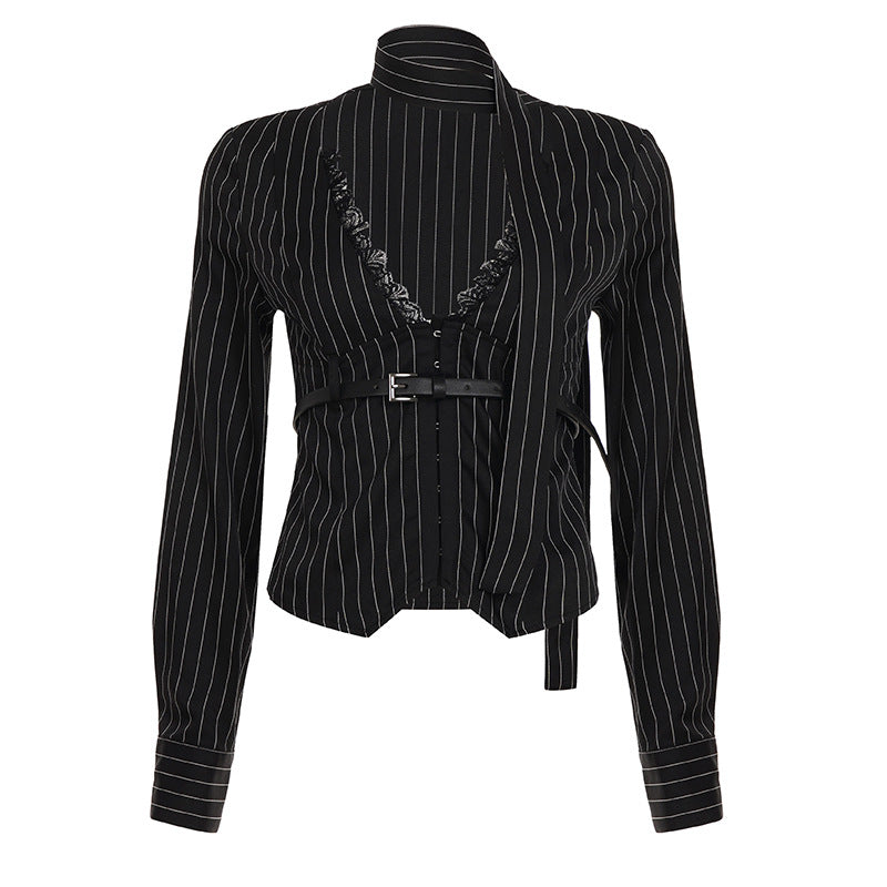 Damen nan tailliertes Langarmshirt mit Twist‑V‑Ausschnitt, Hemdkragen und Nadelstreifen-Optik EB