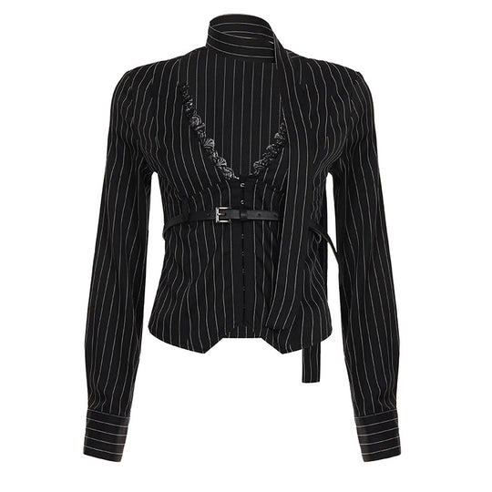 Damen nan tailliertes Langarmshirt mit Twist‑V‑Ausschnitt, Hemdkragen und Nadelstreifen-Optik EB
