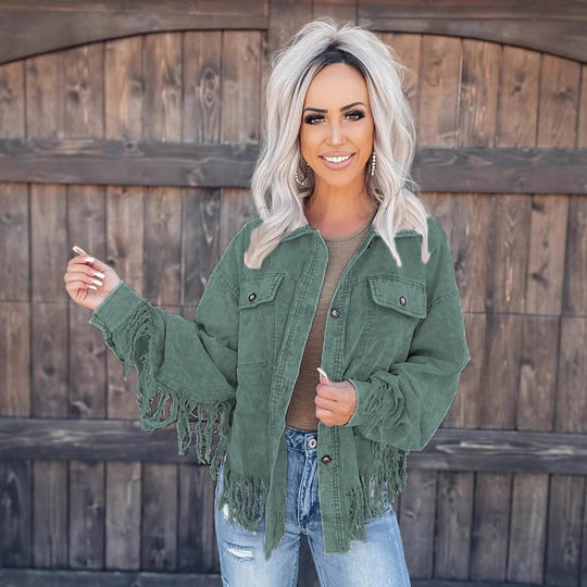 Damen Fransen-Jacke aus Denim im lässigen Oversize-Schnitt EB