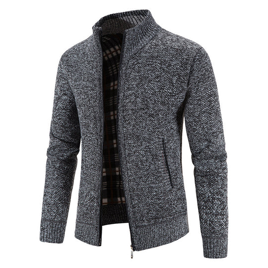 Herren nan Strickjacke mit durchgehendem Reißverschluss, Stehkragen und kariertem Futter EB