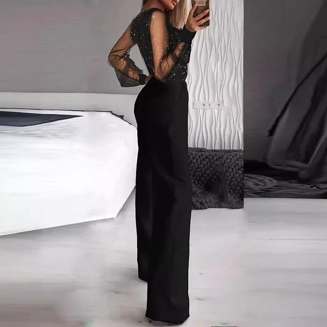 Damen Eleganter Jumpsuit mit transparenten Ärmeln und funkelnden Details EB