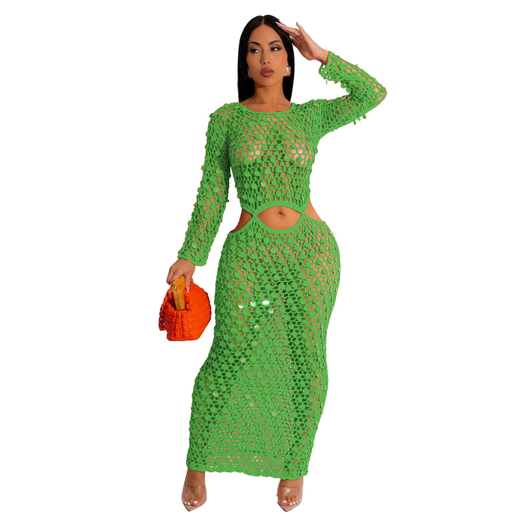 Damen Maxi-Kleid aus transparentem Häkelmaterial mit Cut-Out-Details EB