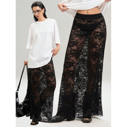 Damen Elegante Spitzenmaxi-Rock mit durchscheinendem Design und seitlichem Schlitz EB