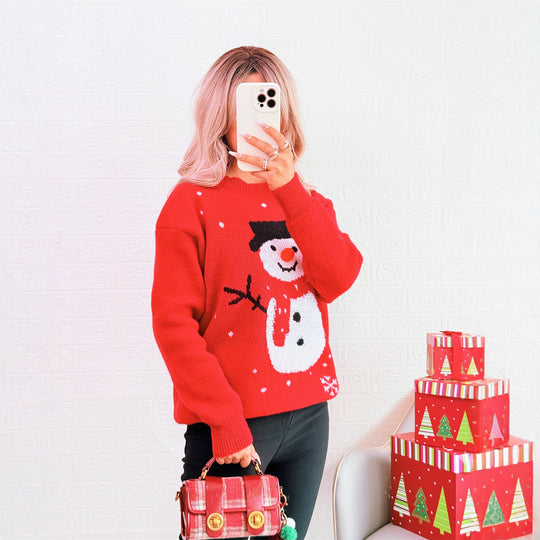 Damen Weihnachts-Pullover mit festlichem Schneemann-Motiv und gemütlichem Schnitt EB