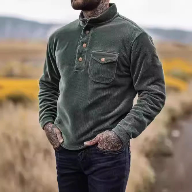 Herren Warmhaltendes Kord-Pullover mit Knopfleiste und Brusttasche EB