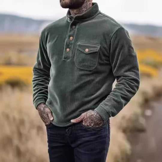 Herren Warmhaltendes Kord-Pullover mit Knopfleiste und Brusttasche EB