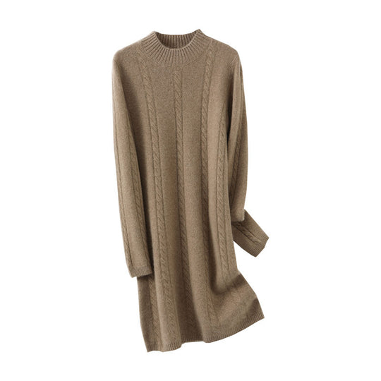 Damen Strickkleid mit elegantem Zopfdesign und hohem Kragen EB