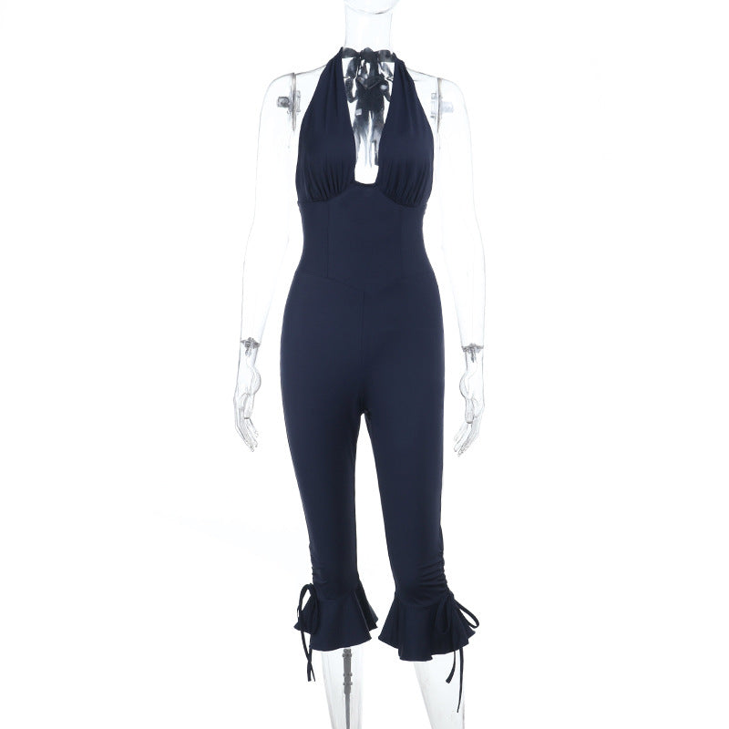 Damen Eleganter Jumpsuit mit hochgeschlossenem Design und Rüschendetails EB