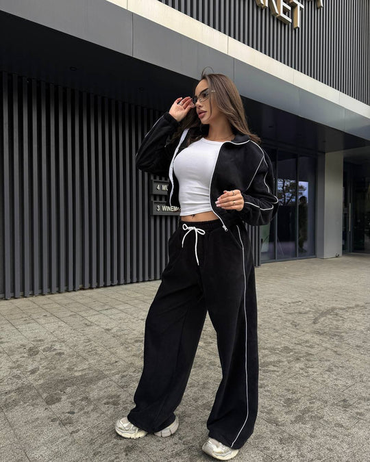 Damen Gekürztes Zip-Fleece-Set mit tailliertem Kordelbund und weitem Hosenbein EB
