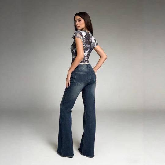 Damen nan hochgeschnittene Stretch-Flared-Jeans mit ausgefranstem Saum und taillierendem Five‑Pocket-Schnitt EB