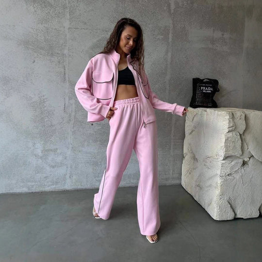 Damen sportliches Fleece-Set mit modischen Kontrasten und praktischen Taschen EB