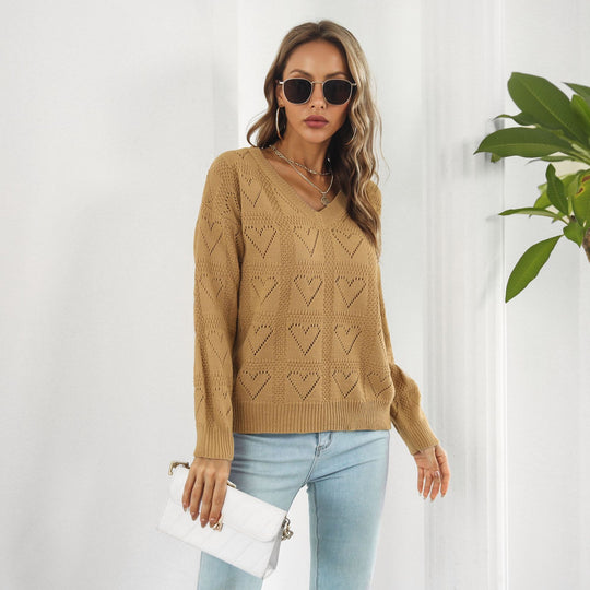 Damen modischer Strickpullover mit Herzmuster und V-Ausschnitt EB