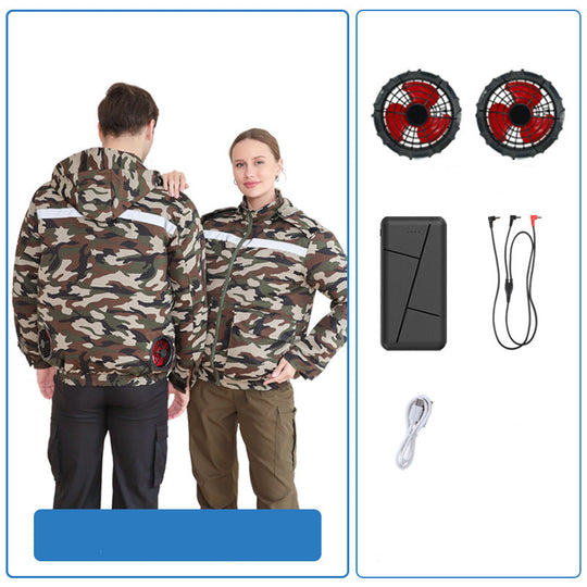 Unisex nan ventilated jacket for work and outdoor with integrated USB fans, battery compartment and hood EB