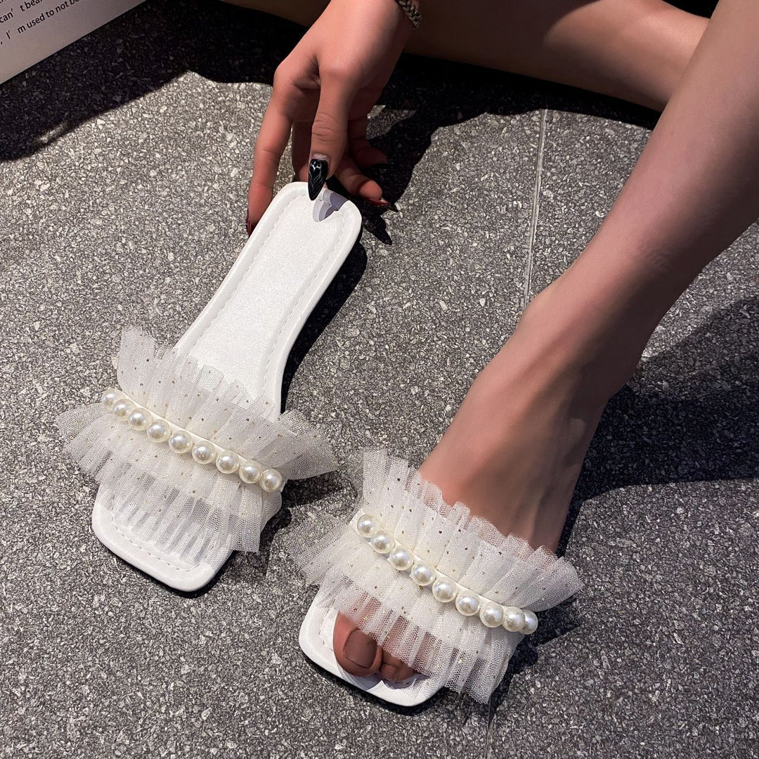 Damen Modische Slide-Sandalen mit Perlenverzierung und Tüll-Applikationen EB