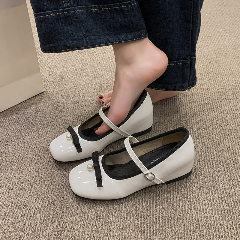 Damen Ballerinas mit modischer Schleife und perlenverziertem Riemen EB