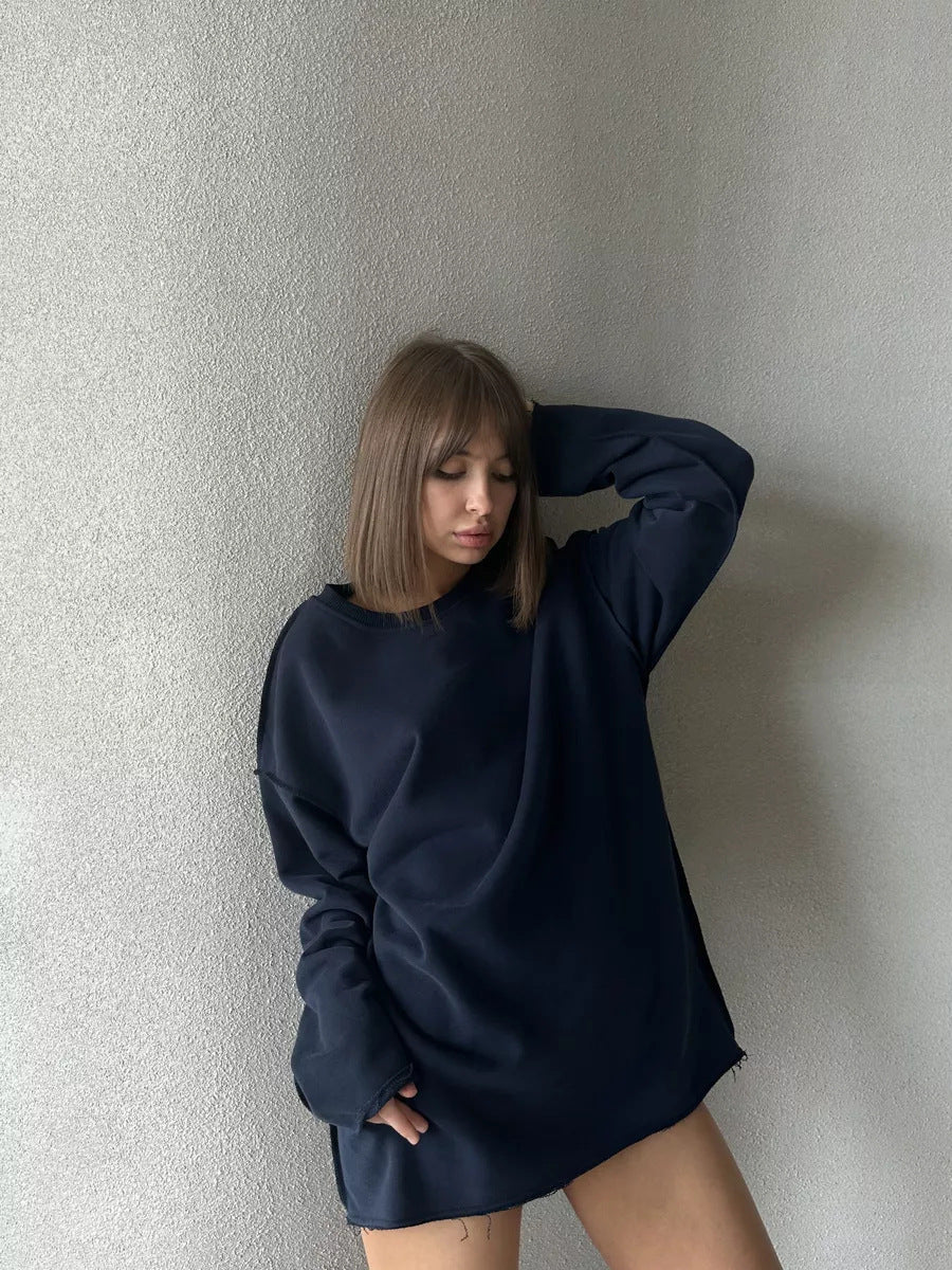 Damen oversized Sweatshirt mit ausgefranstem Saum und verlängerten Ärmeln EB