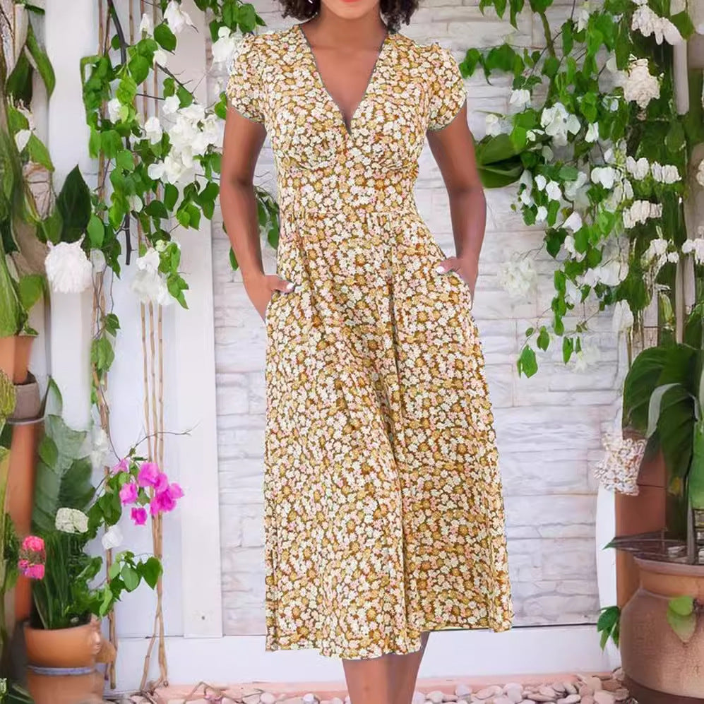Damen Maxi-Kleid mit floralen Mustern und Taschen EB