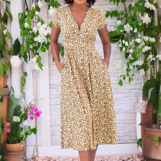 Damen Maxi-Kleid mit floralen Mustern und Taschen EB