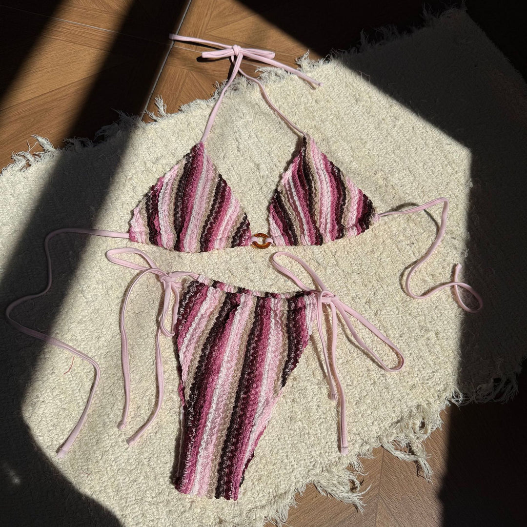 Damen Zweiteiliges Strand-Bikini-Set mit buntem Streifenmuster EB