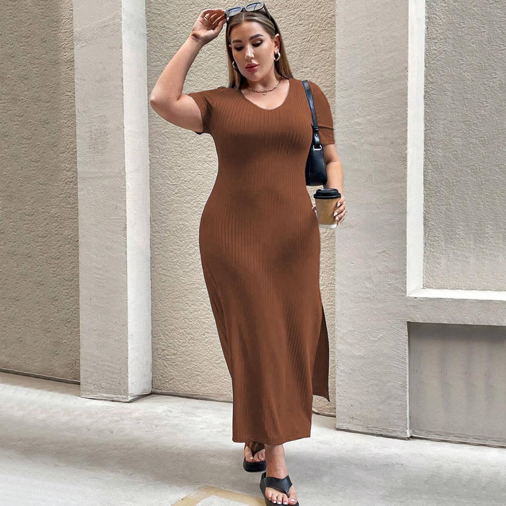 Damen Figurbetontes Maxikleid mit Seitenschlitz und Rippenstruktur EB