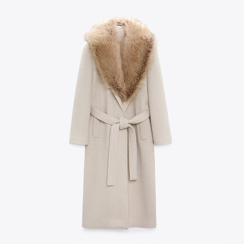 Damen Eleganter Trenchcoat mit gemütlichem Faux-Fur-Kragen und taillierbarem Gürtel EB