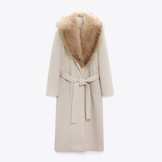 Damen Eleganter Trenchcoat mit gemütlichem Faux-Fur-Kragen und taillierbarem Gürtel EB