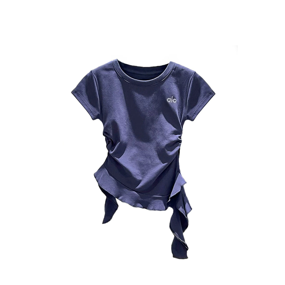 Damen nan kurzärmeliges Baumwoll-T-Shirt mit seitlicher Knotenraffung und Logostickerei EB