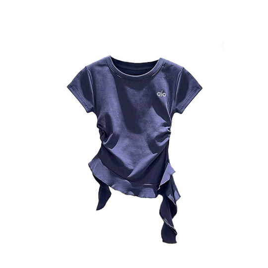 Damen nan kurzärmeliges Baumwoll-T-Shirt mit seitlicher Knotenraffung und Logostickerei EB
