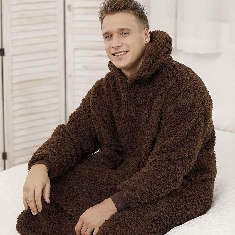 Herren nan übergroßer Sherpa-Wohnmantel mit Kapuze und praktischen Eingrifftaschen EB