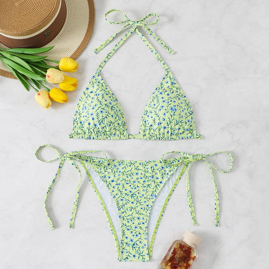 Damen Triangel-Bikini-Set mit buntem Blumenmuster und verstellbaren Trägern EB