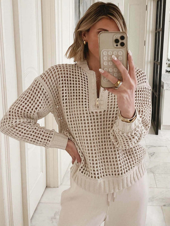 Damen lockerer Strickpullover mit Reißverschluss und luftiger Maschenstruktur EB