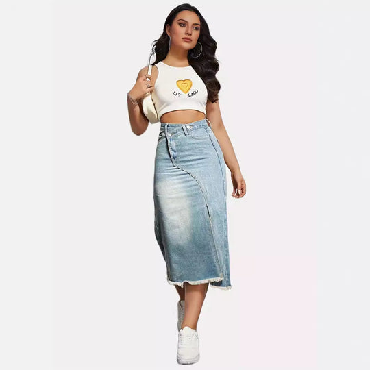 Damen Jeansrock mit asymmetrischem Schnitt und hohen Seitenschlitzen EB