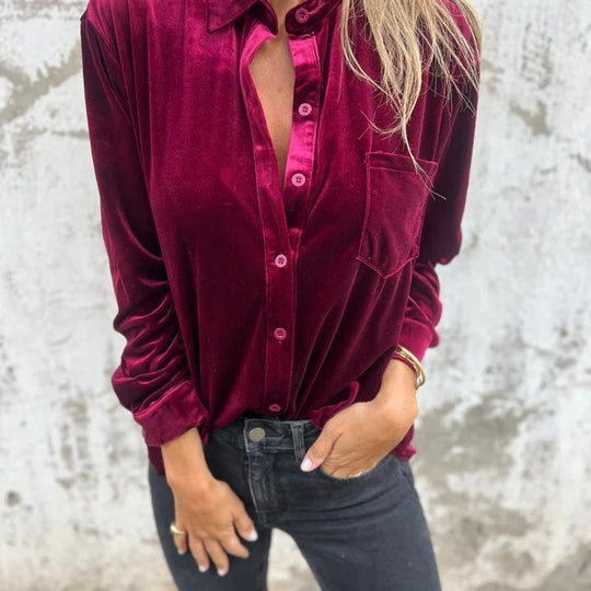 Damen Elegante Satinbluse mit klassischem Kragen und Brusttasche EB