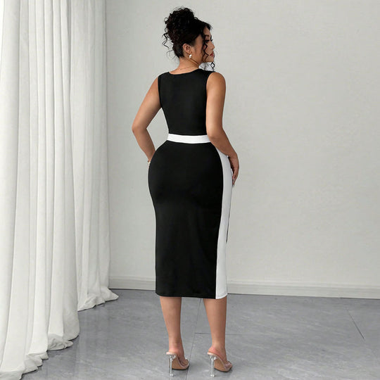 Damen figurbetontes Midi-Kleid mit Kontrastdetail und schmalem Schnitt EB