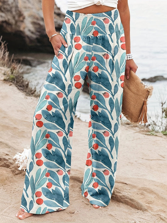 Damen Weit geschnittene Strandhose mit floralem Motiven und elastischem Bund EB