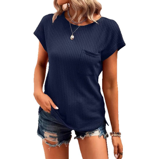 Damen lässiges T-Shirt mit strukturiertem Design und praktischer Brusttasche Heidi-Mode