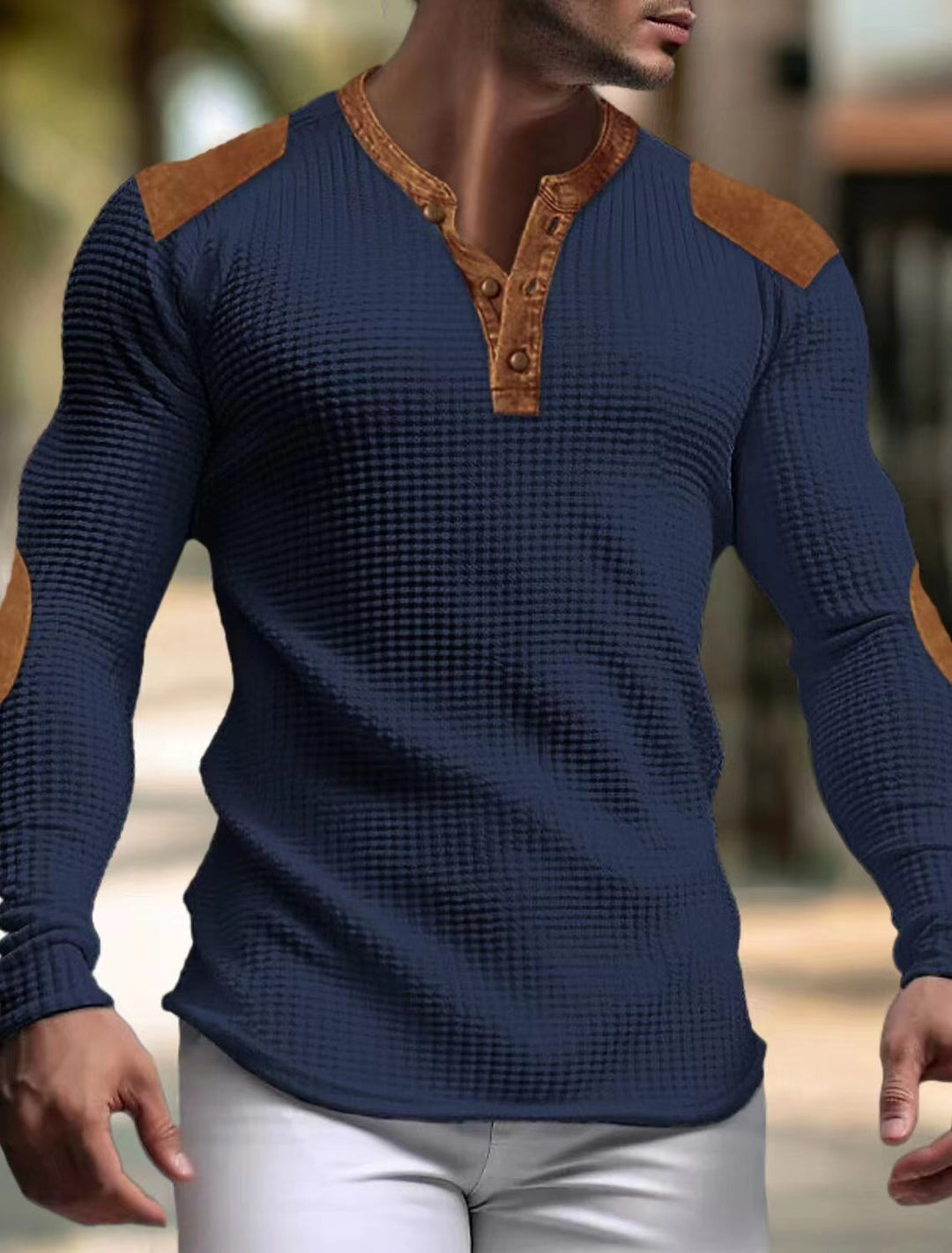 Herren Langarm-Henley-Shirt mit strukturiertem Gewebe und Kontrastdetails EB