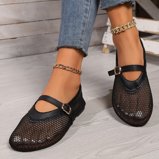 Damen elegante und luftige Ballerinas mit Netzdesign und verstellbarem Riemen EB
