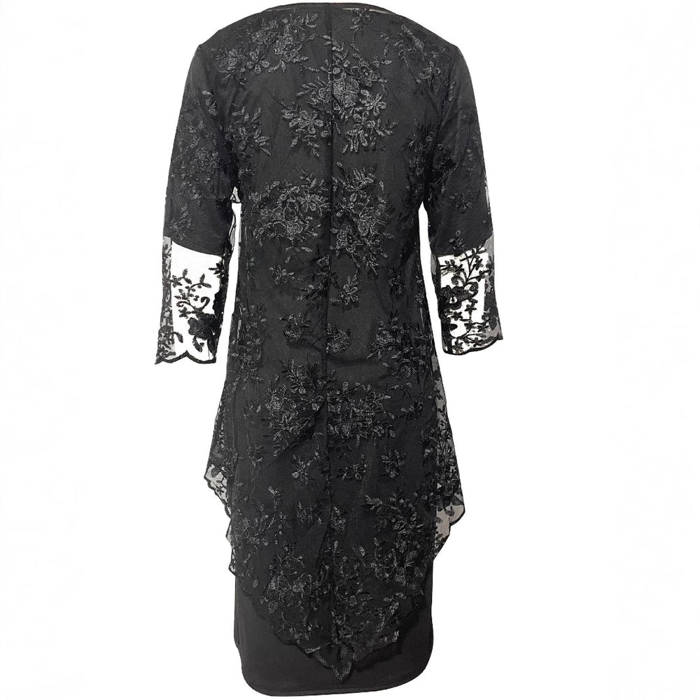 Damen Elegantes Blusen-Kleid mit floralen Spitze-Ärmeln und schwingendem Saum EB