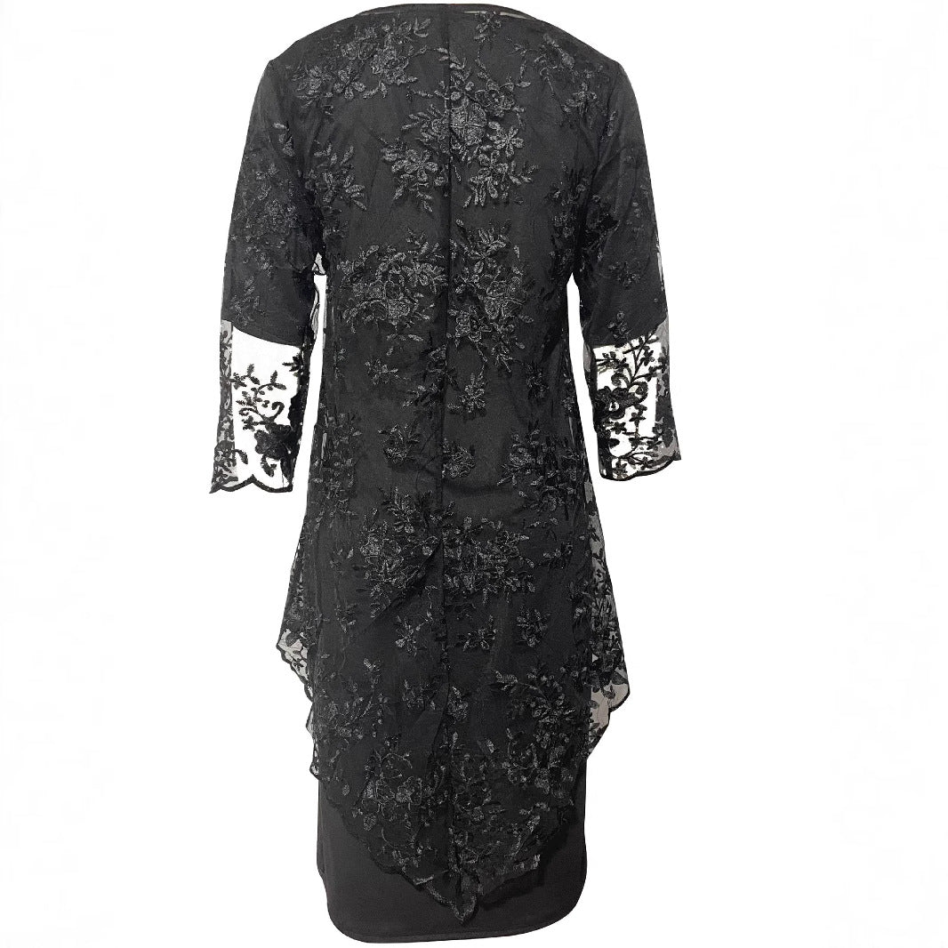 Damen Elegantes Blusen-Kleid mit floralen Spitze-Ärmeln und schwingendem Saum EB