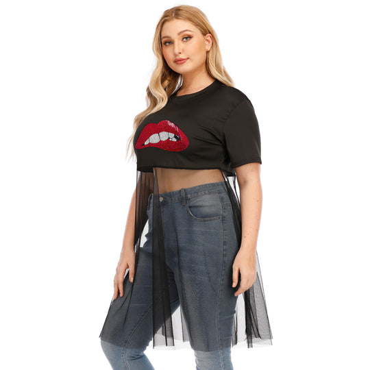 Damen modisches Crop-Top mit transparentem Überwurf und Glitzerbesatz EB