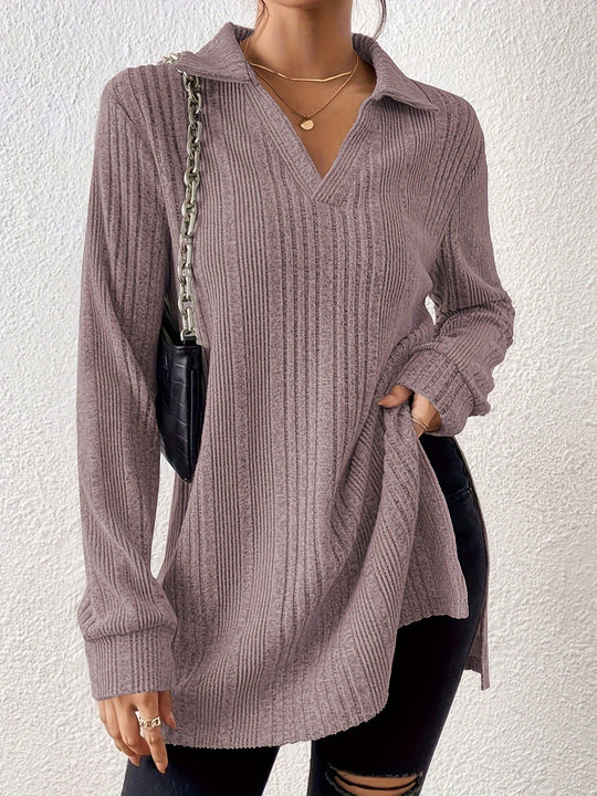 Damen Langarm Shirt mit strukturiertem V-Ausschnitt und schmalen Rippdetails EB
