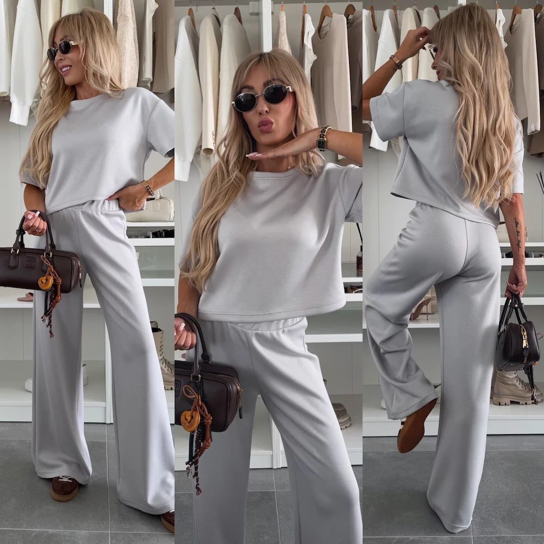 Damen Loungewear-Zweiteiler mit Cropped-Boxy-Shirt und fließender High-Waist Palazzo-Hose EB